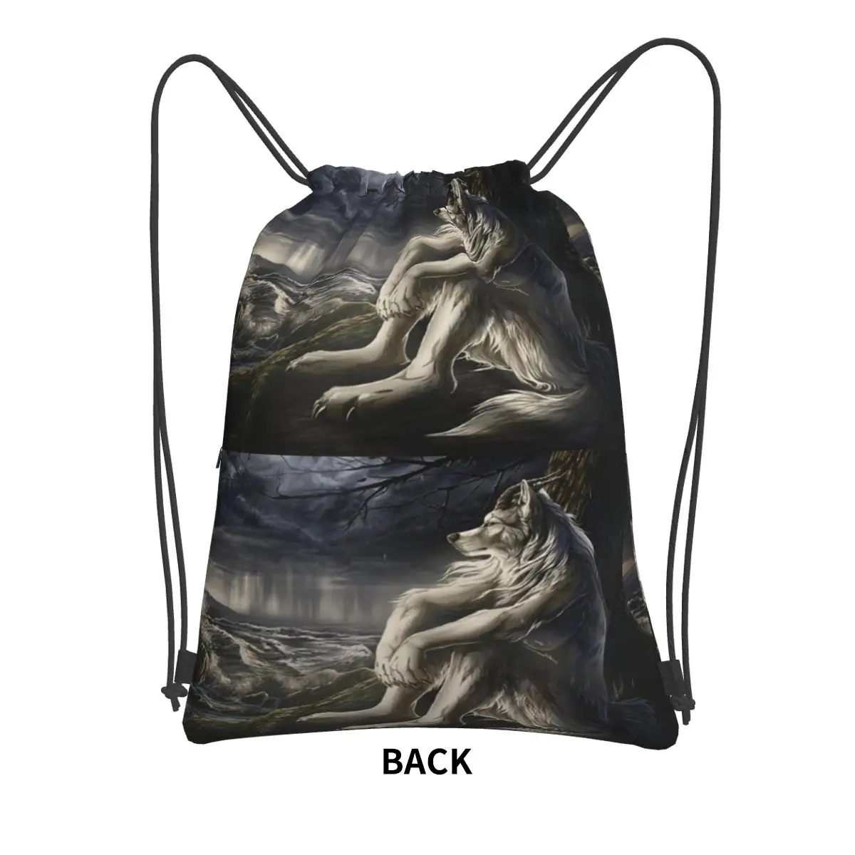 Emo White Wolf Sitting Sad Meme Backpacks Portable Drawstring Bags Sports Bag Book Bags for Travel Students