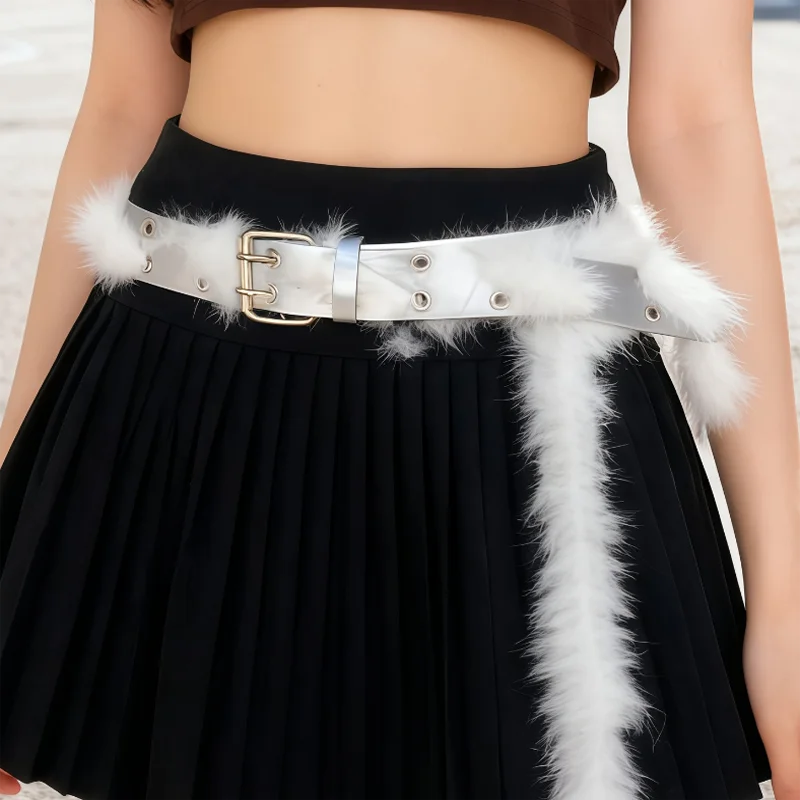 

White Fur PU Leather Waist Belt Performance Clothing Accessories Belt Korean Stage Performance Decoration Waist Accessories