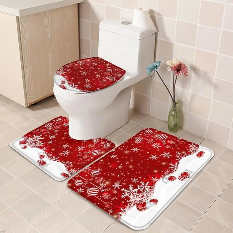 VIKAMA Red Snowflake Candy Cane Bathroom Mat Set Toilet Seat Cover Xmas Non Slip Soft Washable 2027 Christmas Home Decor