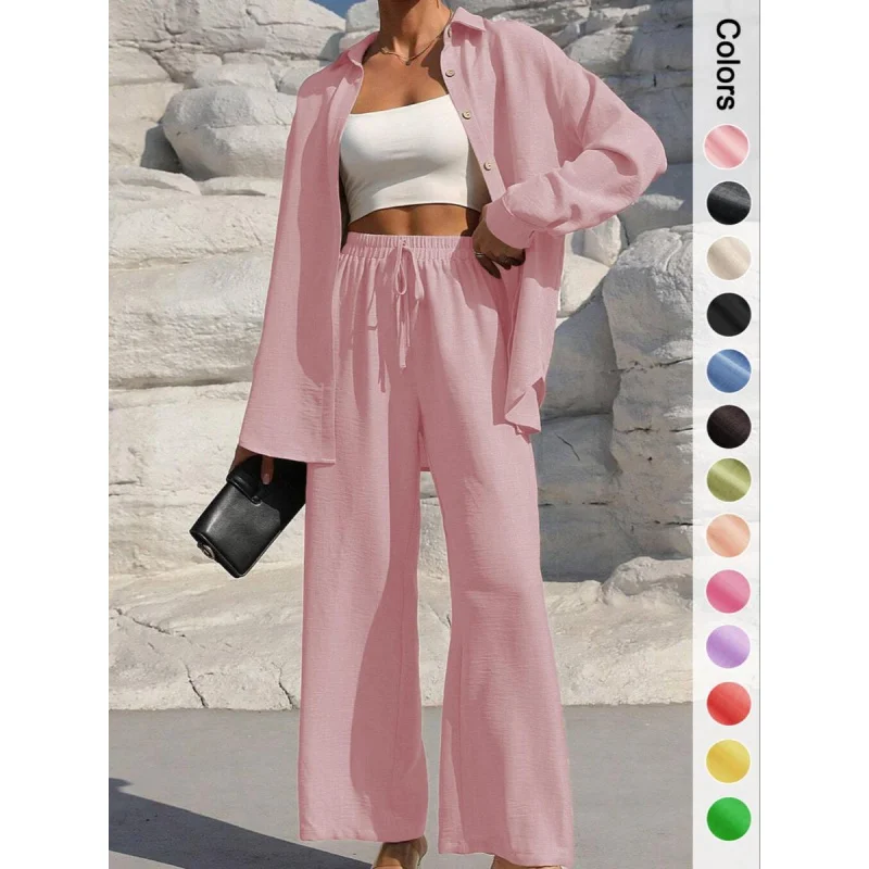 

Женский комплект из рубашки с пуговицами и широких брюк с завязками спереди