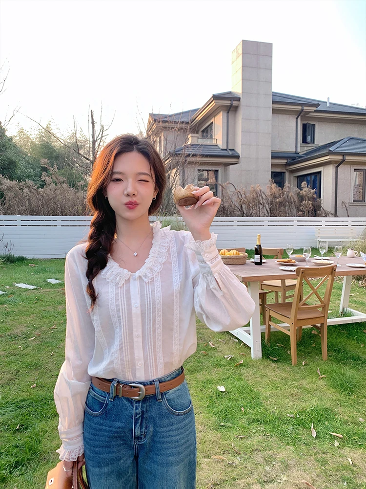 

White Lace Trim irt Women's Loose Fit Long Sve Cotton Commute Sle Spring Collection Button Closure Pure Color