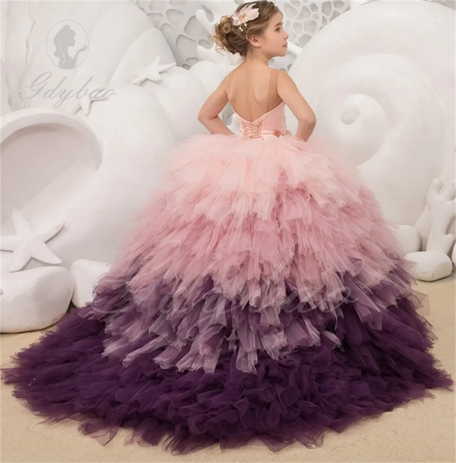 

Sparkling Flower Girl Dress For Wedding Sparkle Tulle Puffy Sleveless Beading With Purple Bow Princess Birthday Party Dress