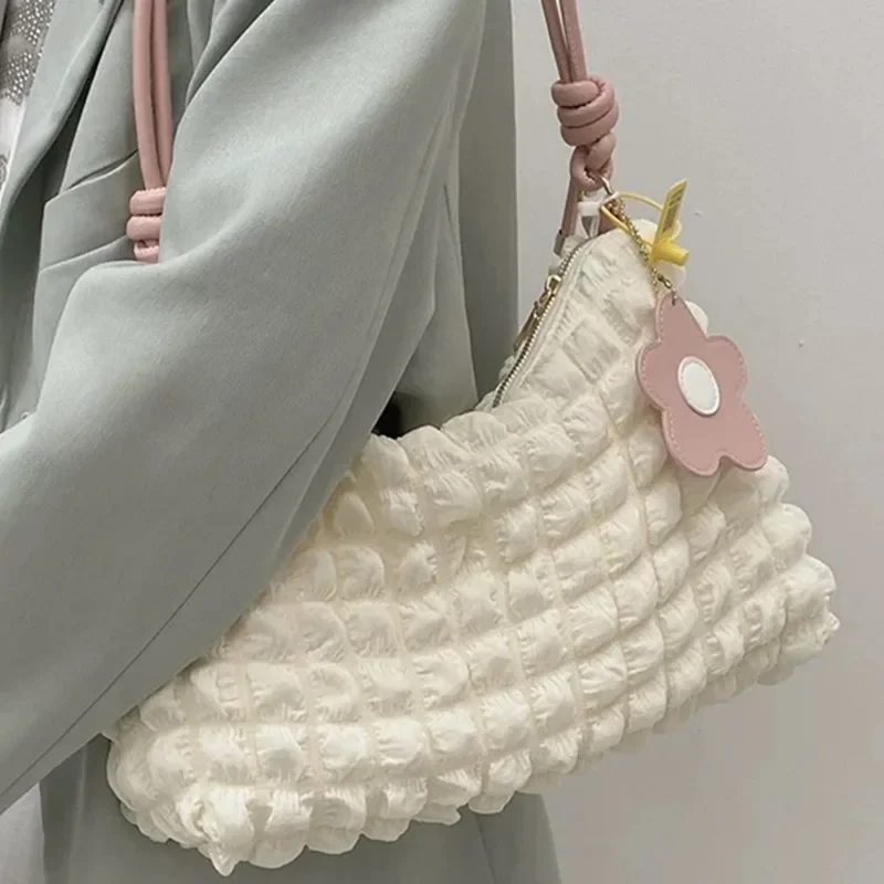 

Flower Canvas Wrinkle Bags Women Girls Sweet Pleated Bubbles Handbags Casual Comfortable Cloud Underarm Bags Fashion Accessories