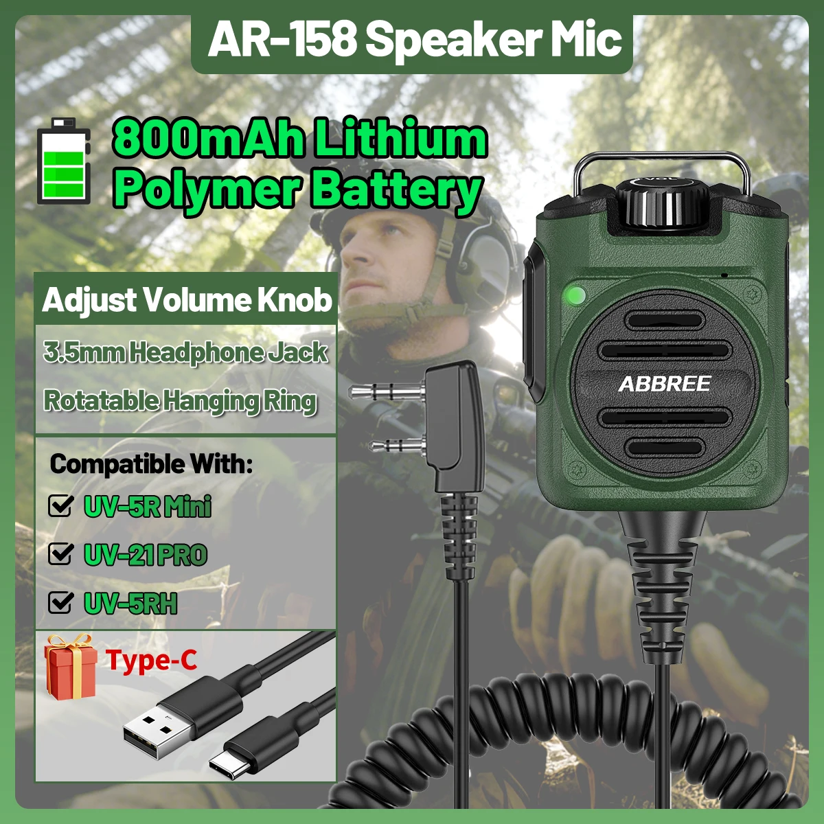 

Микрофон-громкоговоритель ABBREE AR-158 с поворотным кольцом для крепления и регулировкой громкости для раций Baofeng UV-5R, UV-5RH, UV-5R Mini, UV-21 Pro