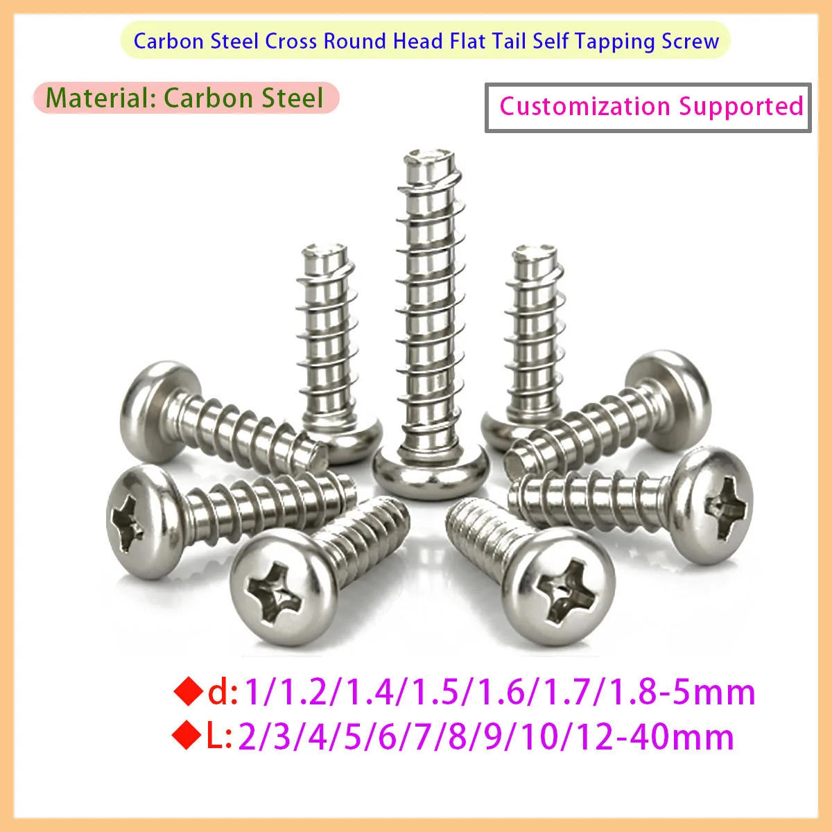 Carbon Steel Cross Round Head Flat Head Self Tapping Screw M1.2 M1.7 M2 M2.6 M3 M4 M5