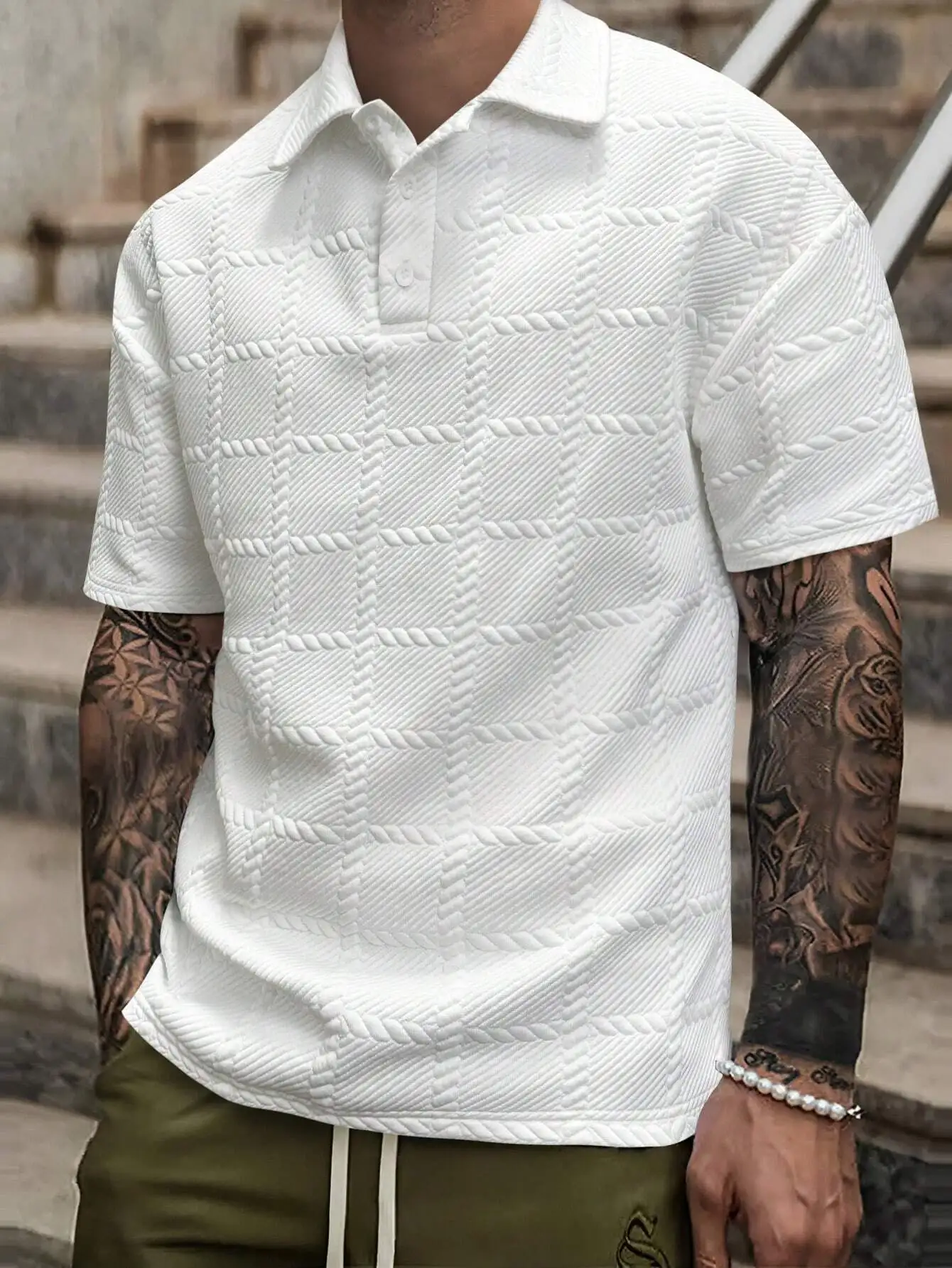 

Men's Textured Short Sleeve Polo Shirt with Button-Up Collar, Solid White Casual Top