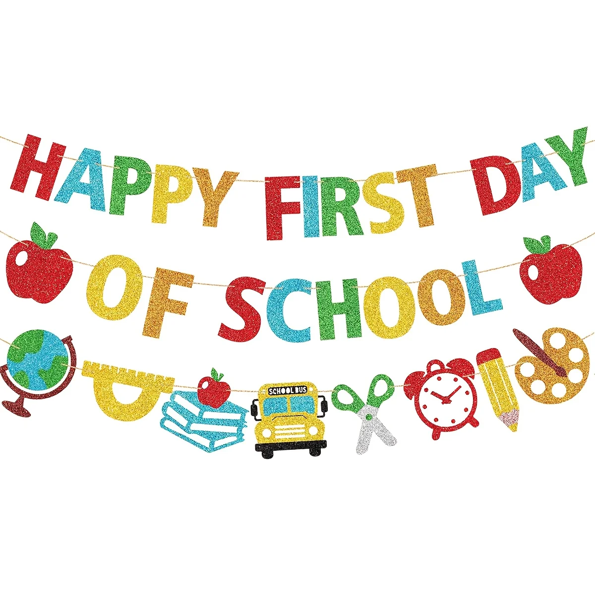 Happy First Day Of School Glitter Banner Apple Pencil Garland Back To School Party Decor Classroom Wall Hanging Sign Supplies