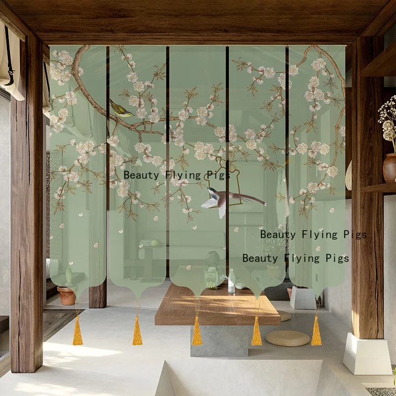 1 Juego de cortina de gasa de flores y pájaros chinos, partición de patio exterior, decoración de pared, cortina colgante, decoración del hogar