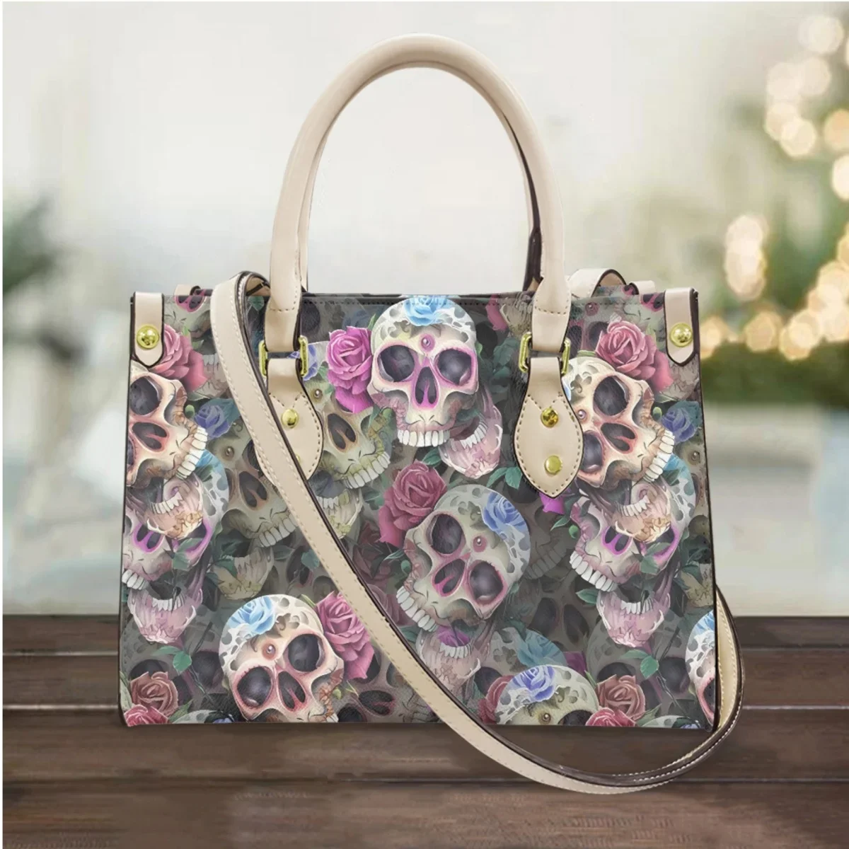 Top Handle Leather Messenger Bag Halloween Skull Rose Flower Print Vintage Ladies Shoulder Bag Gift Portable Party Shopping Tote