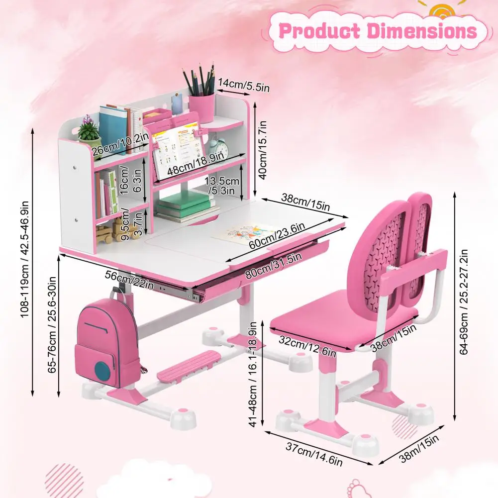 Kids Study Desk And Chair Set with Ergonomic Design 50-Degree Tiltable Desktop Desk,Height Adjustable Children's Learning Table