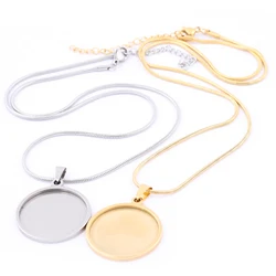 2pcs 45cm Long Chain Necklace Bezel Blanks Stainless Steel Gold Plated 20mm 25mm Cabochon Pendant Base Setting Trays Diy