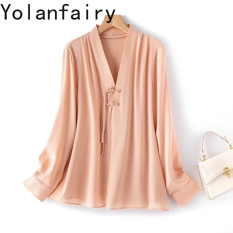

YOLANFAIRY 93% Real Mulberry Silk Long Sleeve Shirts Woman Chinese-style V-neck Shirt 2025 Women's Top Versatile Shirts Dames