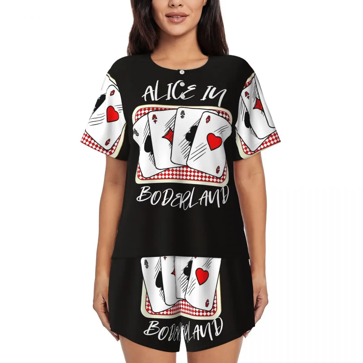 ALICE IN BORDERLAND Camisones de manga corta con cuello redondo para dormir, conjunto de pijama suave para mujer, pantalones cortos