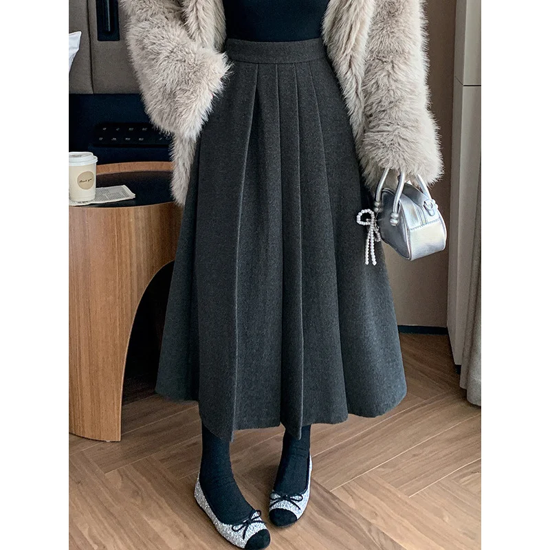 

Woolen Pleated Skirt Women2024Autumn and Winter High Waist CoveraLong Skirt Small Swing Slimming Woolen Skirt