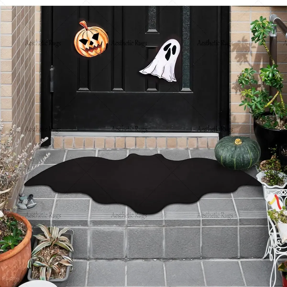 VIKAMA Bat Shaped Halloween Area Rug Solid Black Irregular Non‑Slip Floor Mat for Spooky Gothic Home Party Decor