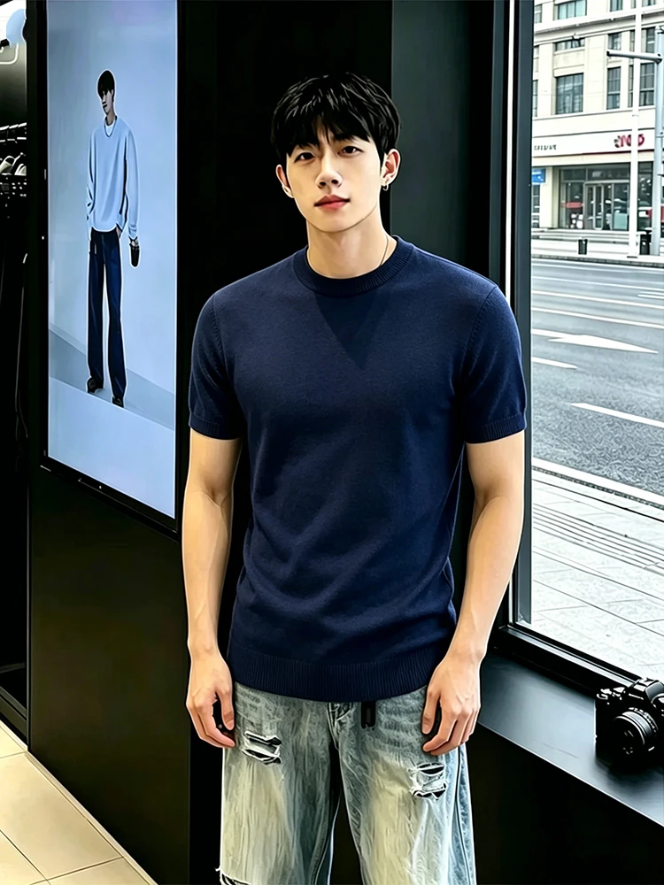 Blue Short Sleeve Knitted T-Shirt for Men Summer Slim Fit Muscular Appearance Shouldered Regular Knitwear round Neck
