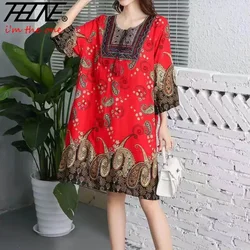Indian Short Dress Women Midi Print Floral Casual Oversize Bohemian Loose Embroidered Flowers Round Neck Beach Holiday Vestidos