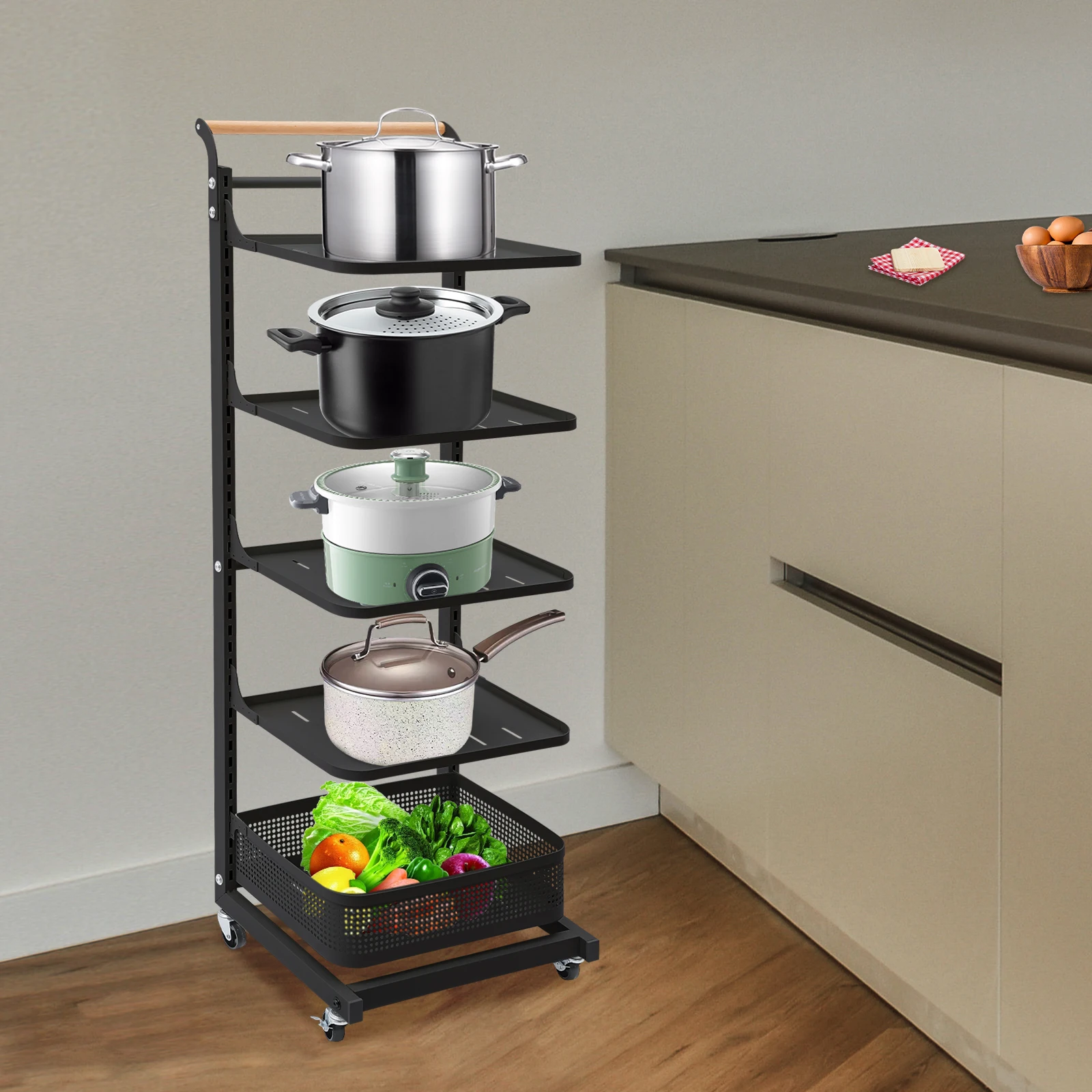 

5-Layer Wheeled Removable Storage Pot Rack (5-Layer Four-Plate Basket) - Black For Home Restaurant Cook, Home Kitchenware