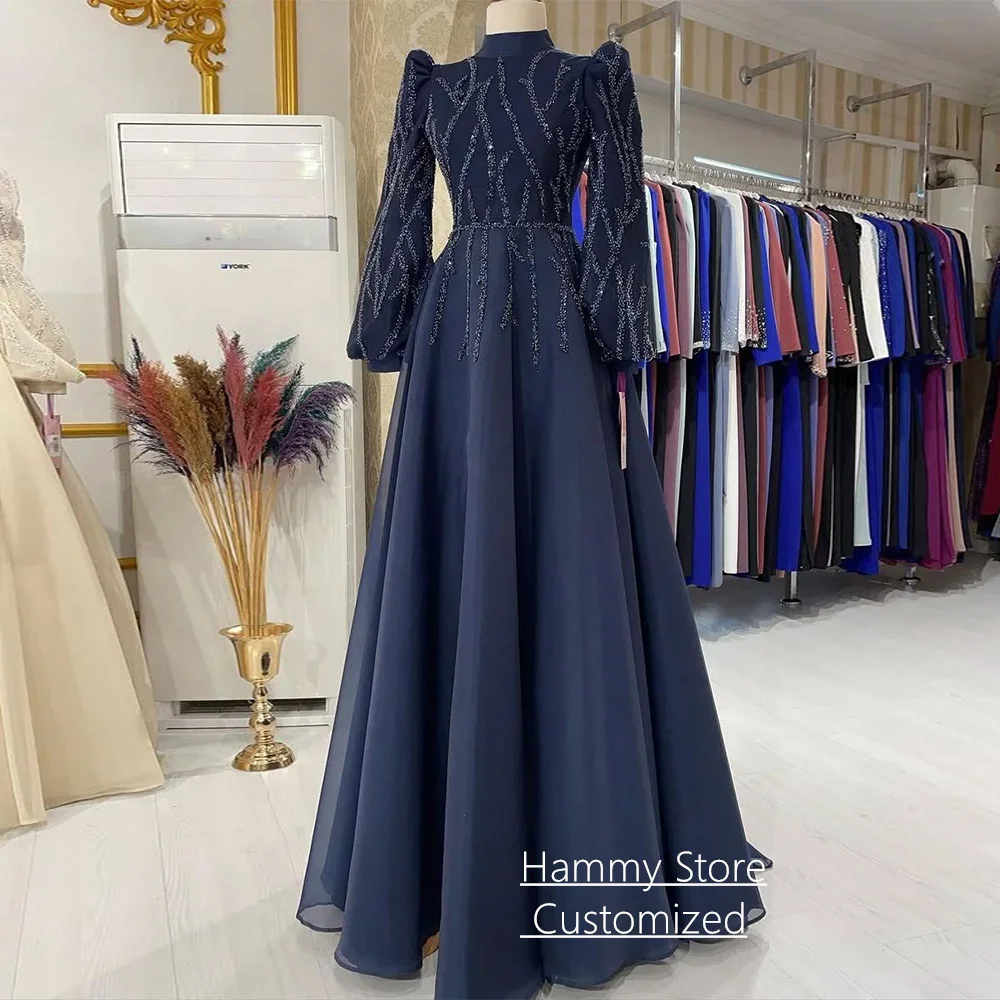 Bescheidenes islamisches Abendkleid, maßgeschneidert, Stehkragen, Puffärmel, Pailletten, A-Linie, Organza, Abendkleid, formelle Partykleider