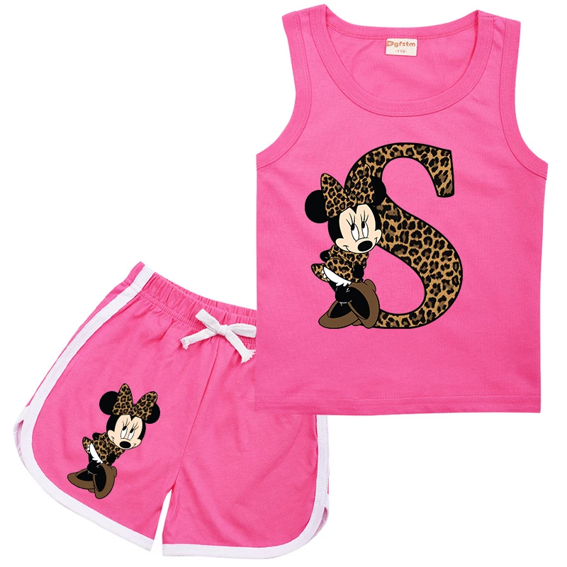 Disney-conjuntos esportivos sem mangas para crianças, Minnie Leopard, colete e shorts com letra ABCD, roupas casuais para menina e menino, roupas infantis, 2PCs