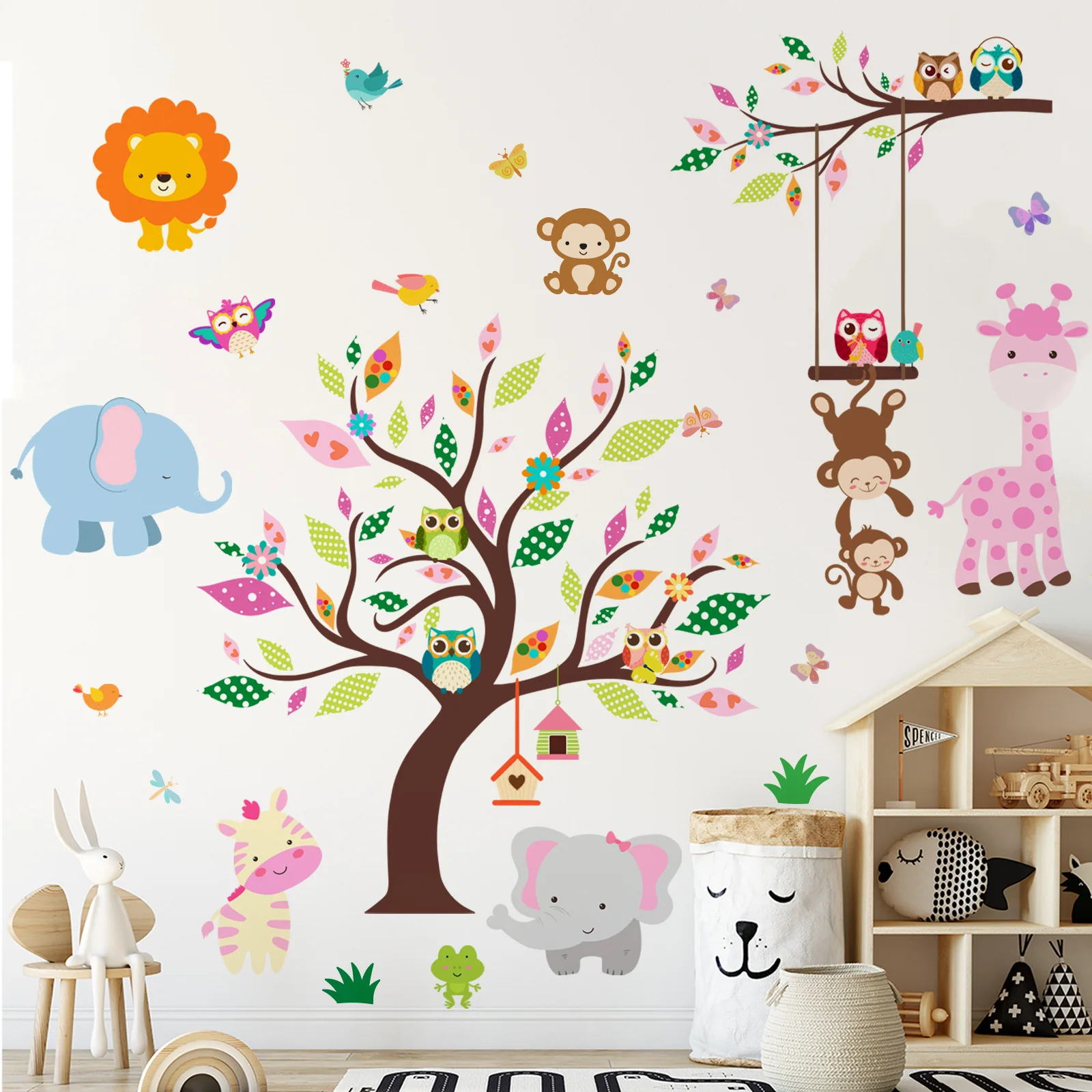 

Extra Large Cartoon Animasl Colorful Tree Wall Stickers Kids Babies Room Nursery Kindergarton Decoration Decal Self-adhesive Art