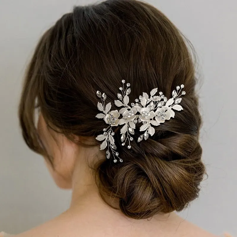 Trendy Handmade Tiara Wedding Hair Comb Leaf Flower Bridal Hairpins Pearl Rhinestone Head Jewelry Girls Wedding Hair Accessories