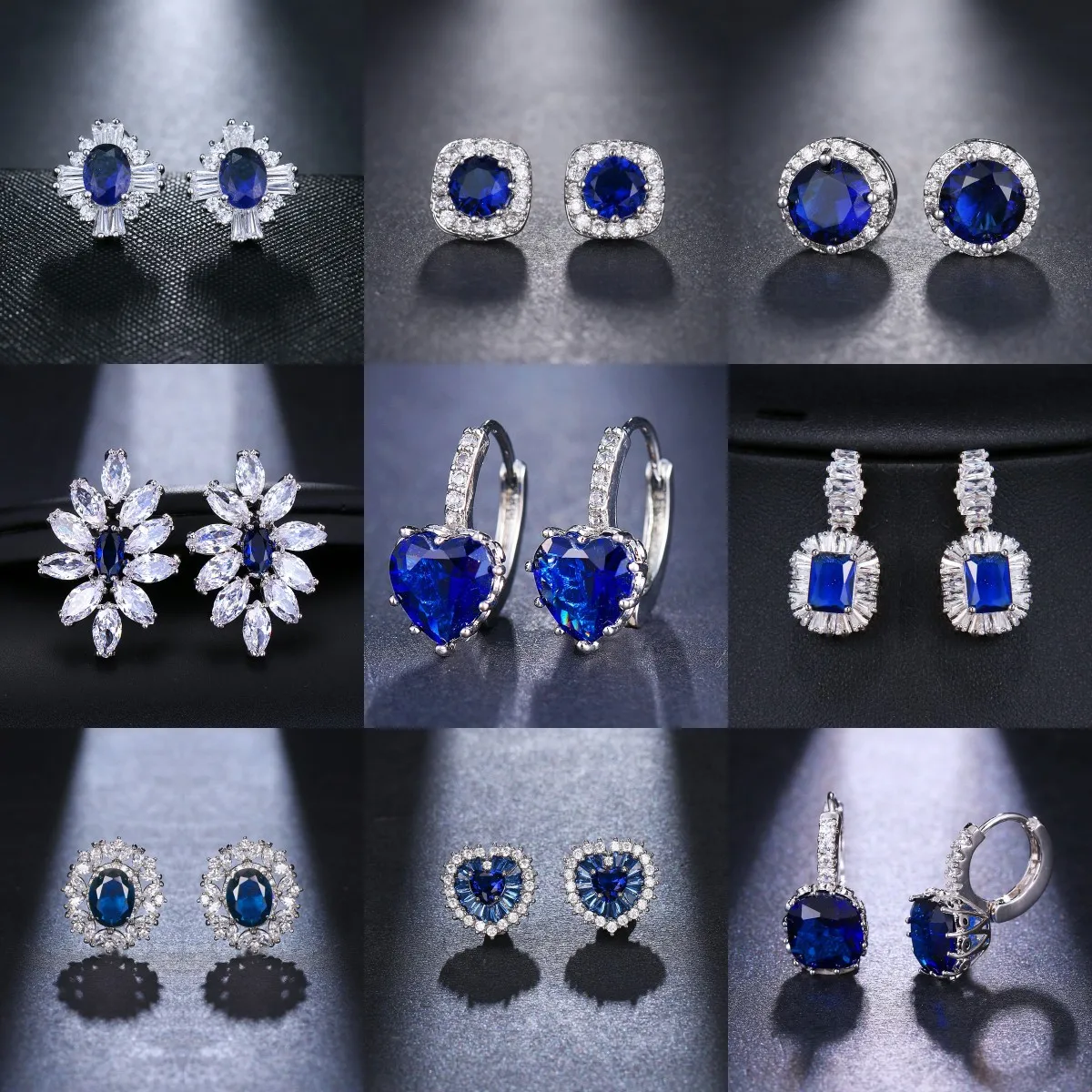 JMK Luxury Blue Crystal Cubic Zircon Stud Dangle Earrings For Women Bridal Wedding Silver Plated Party Accessories Jewelry