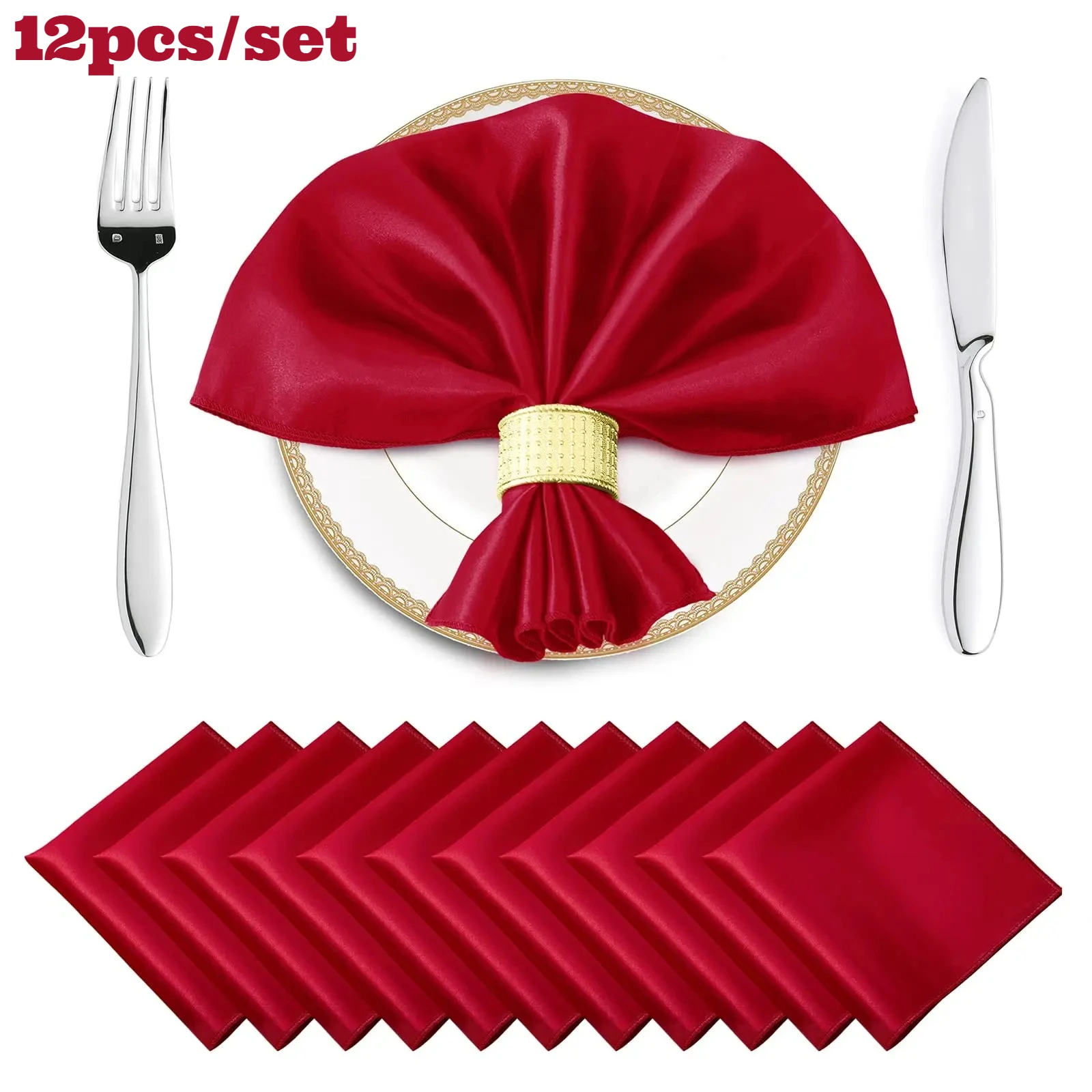 

12PCS Wedding Red Satin Napkin 30x30cm Soft Dinner Napkins Square for Baby Shower Restaurant and Party Dinner Table Decoration