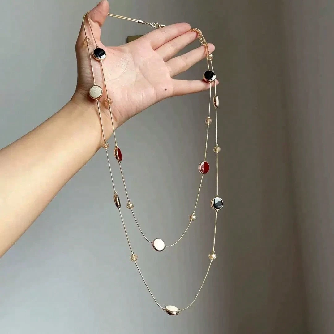 Bohemian Style Colorful Drip Oil Geometric Fashion Double Layered Necklace for Women Elegant Vintage Long Sweater Chain Jewelry