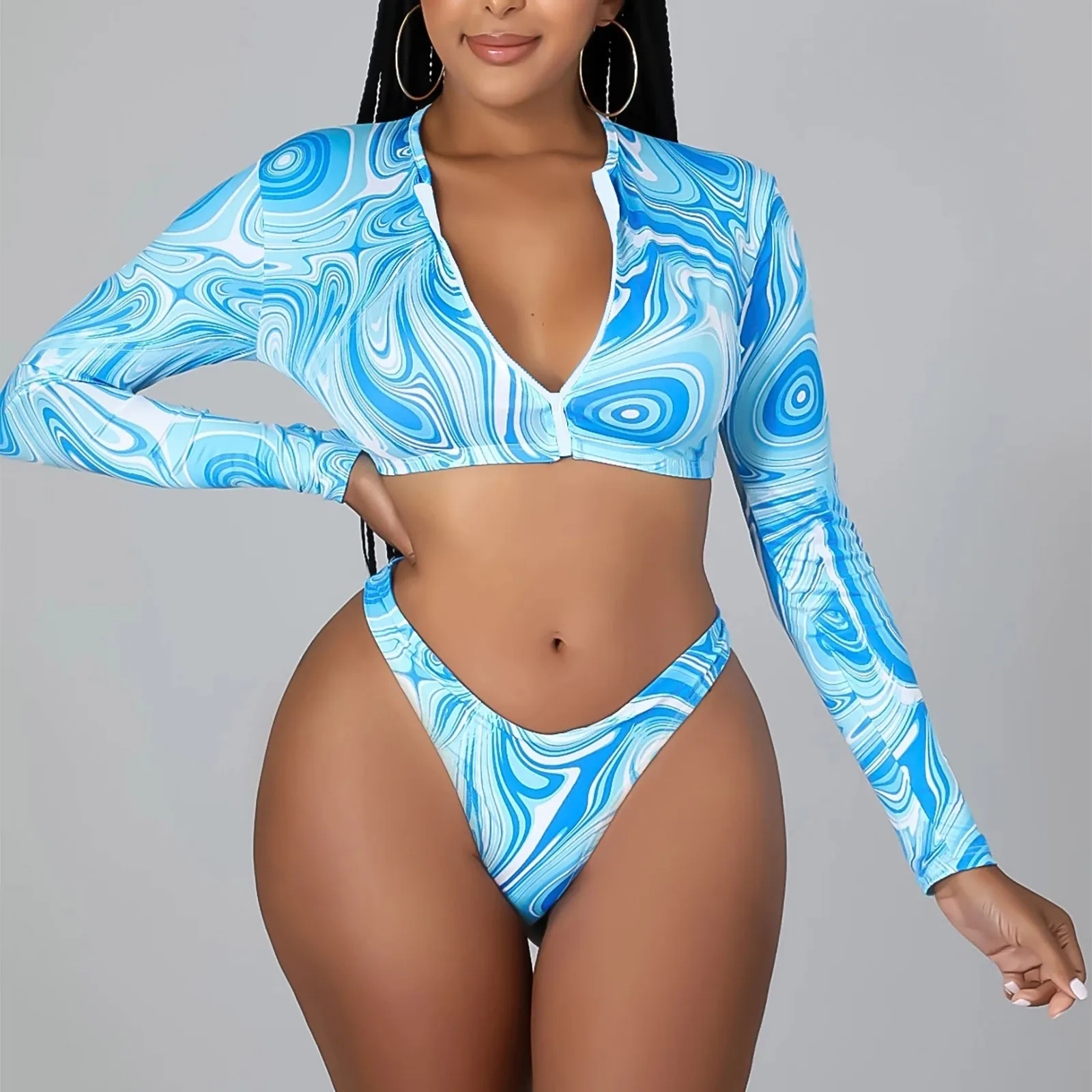 Sleeve Waist Long Split Bikini Temperament Zipper Beach Swimsuit Women\'S High Sexy Push Up Set Summer Beach Wear Swimming Hawaii