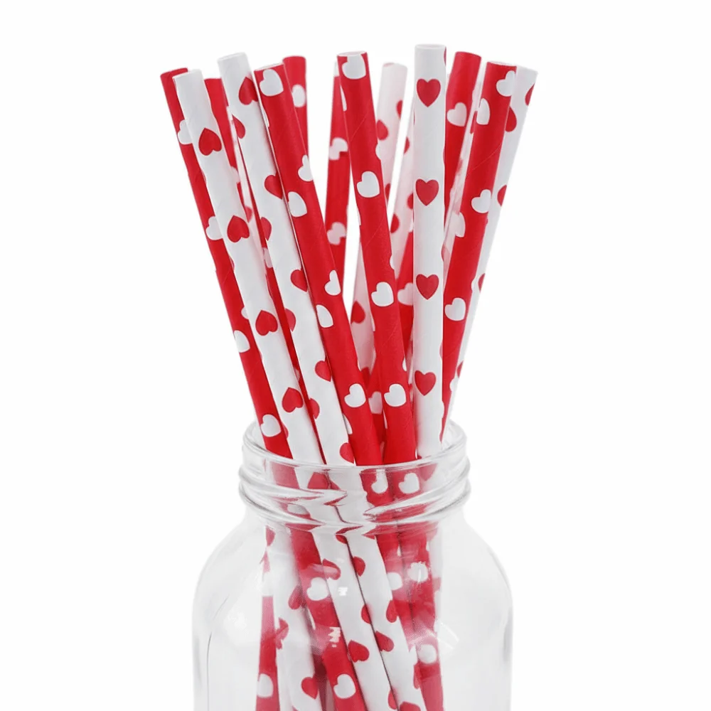 100pcs 3 Colors Disposable Paper Straw Multipurpose Environment Protection Love Pattern Pipette Heart Print Paper Pipette Cafe