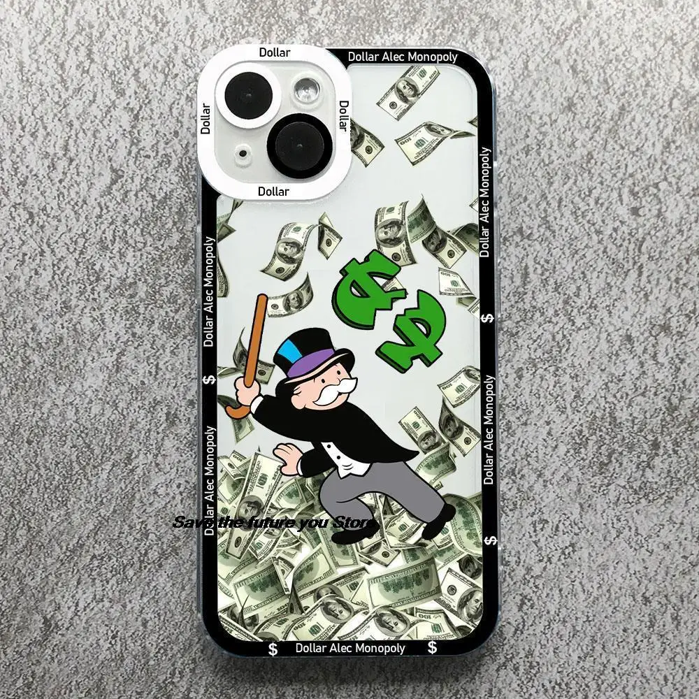 Trend Cartoon Dollar Alec Monopoly Phone Case For iPhone 13 12 11 14 15 Pro Max XSMAX X XR 14 15 PLUS Fashion Clear Soft Cover