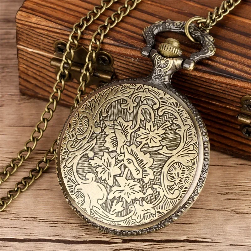 Bronze Hollow Out TBILISI GEORGIA Design Men Women Quartz Analog Pocket Watch Arabic Number Necklace Pendant Chain Timepiece