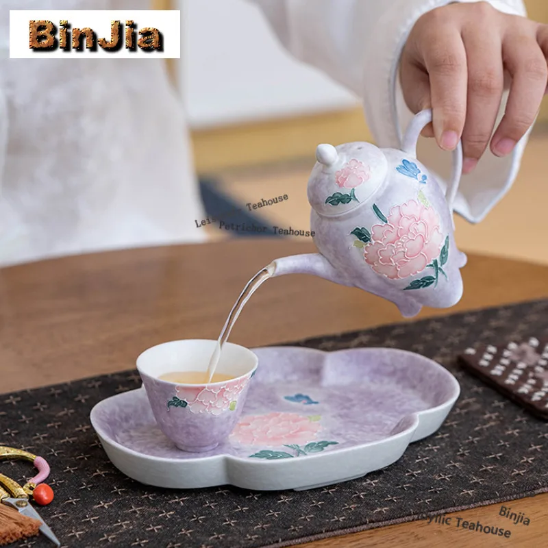 140ml Hand-painted Peony Teapot Traditional Tea Infuser Pot Household Tea Maker Kettle With Ball Hole Cafes Ornaments Collection