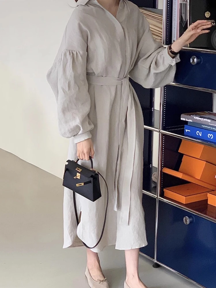 Vestido de Mujer E de Estilo Coreano para Principios de Otoño, Cuello Vintage, Dobladillo Irregular Largo, Botón Único...