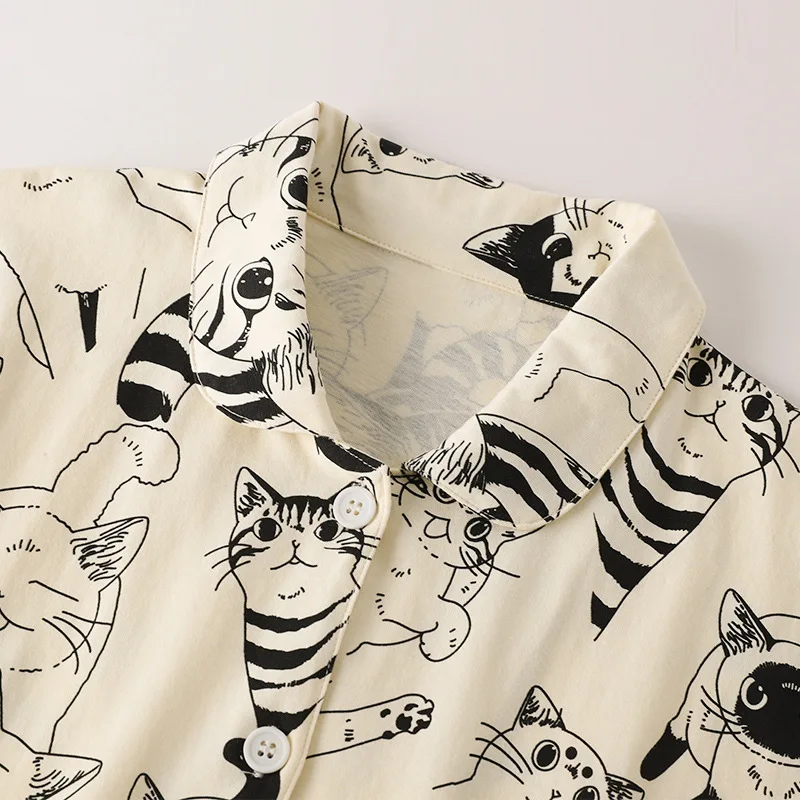 Pajamas for Men and Women in Summer Sweet Short-sleeved Shorts Cat Retro Cartoon Wind New Loose Plus Size Suit Lazy Homewear