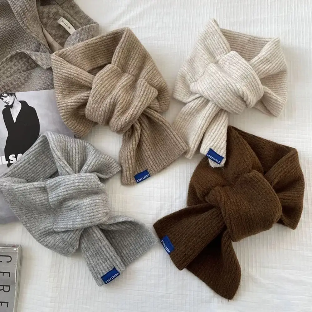 Neck Guard Shawl Solid Color Cross Scarf Woolen Thicken Knit Scarf Short Neckerchief Women