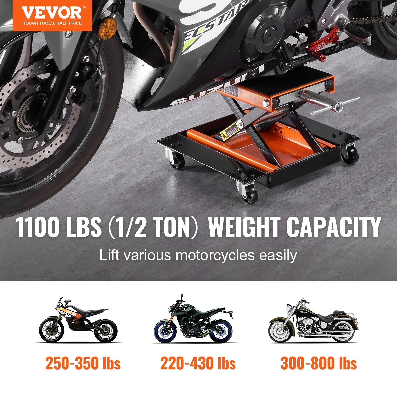 VEVOR Motorcycle Lift 350/1100/1500 LBS Capacity Motorcycle Scissor Lift Jack with Wide Deck & Safety Pin for Bikes Motorcycles