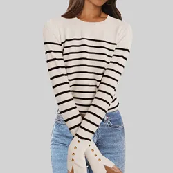 Long Sleeve Striped Knit Shirts 2024 New Fall Casual Basic Button Pullover Loose Classic Fashion Korean Sweater Tops Women