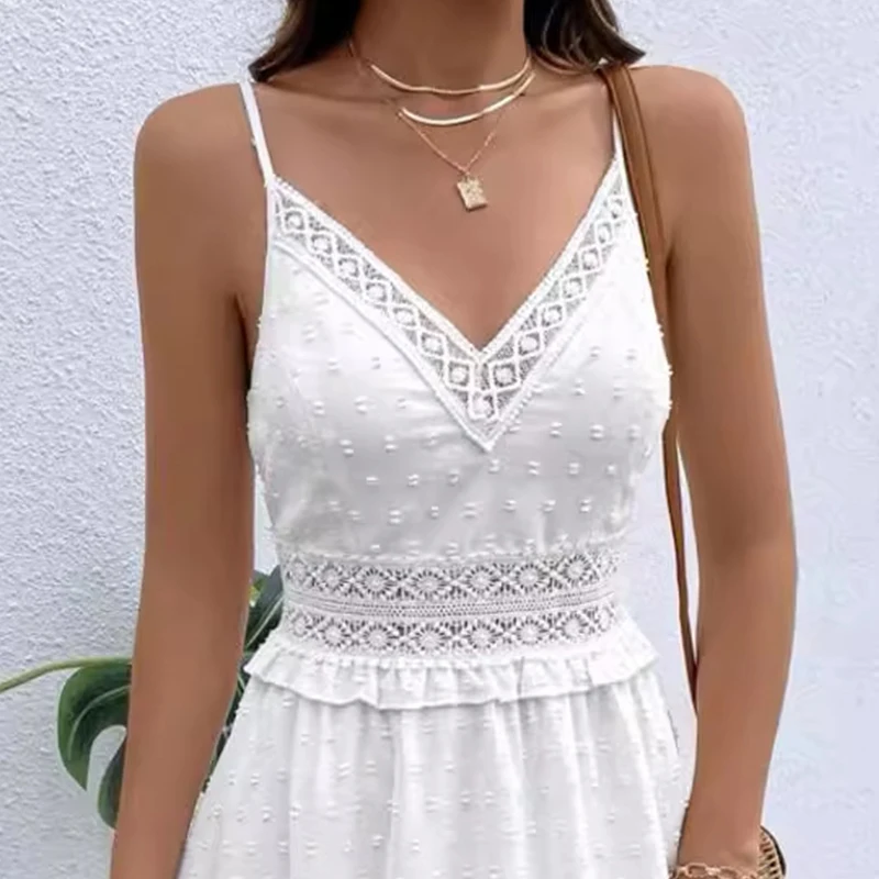 Seksowna letnia mini sukienka damska Elegancka sukienka plażowa w kropki żakardowe Sukienki codzienne bez rękawów z koronkowym kwiatowym wykończeniem i dekoltem w serek