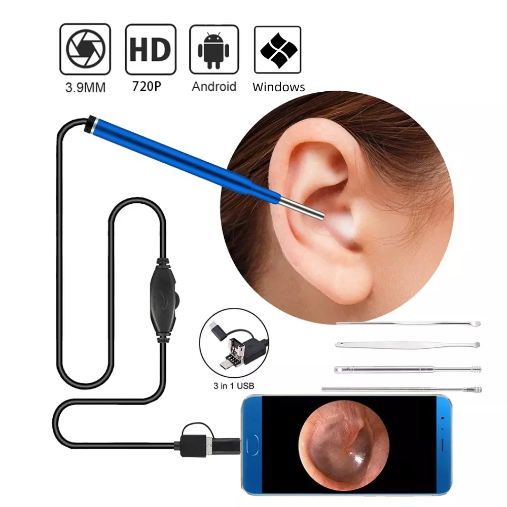 

3.9mm Otoscope 3 in1 USB Ear Endoscope Camera Type C Ent Nose Inspect Cameras Cam for Adult Child on Android Phone PC HD 720P