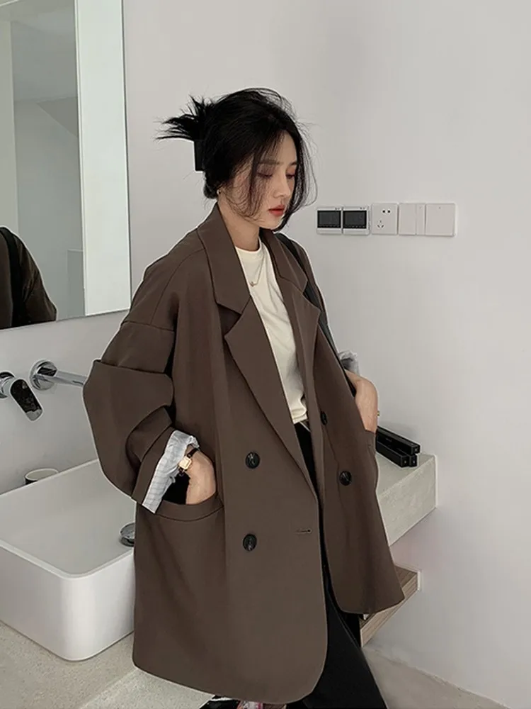 Korean Popular Clothes Old Money Style Woman Black Blazer Lady Coat Decorate Waist-Cinching Double-Buttoned Bubble Fastening