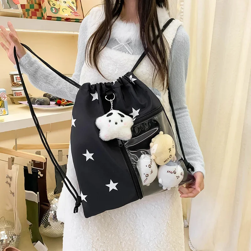 

New Large Capaci White Star Print Drawstring Bag Versatile Anime Doll Peripheral Storage Bag Youth Casual Wear Foldable Bag 2025