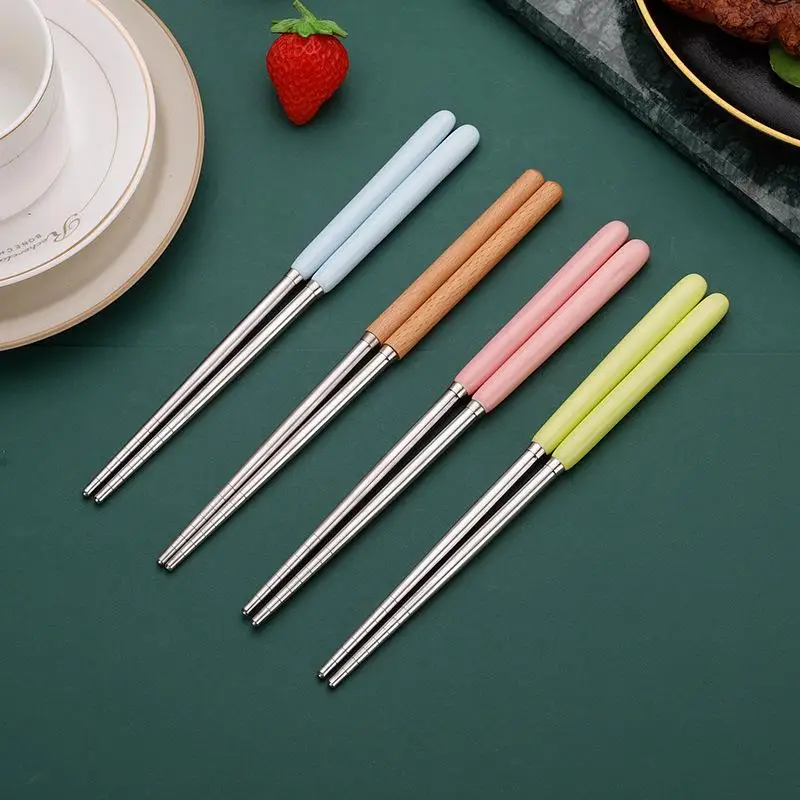 Heat Resistant Cerc Handle Spliced Anti Slip Chopstis Stainl Steel 304 Handmade Dining Utensils Wood Handle Chopstis