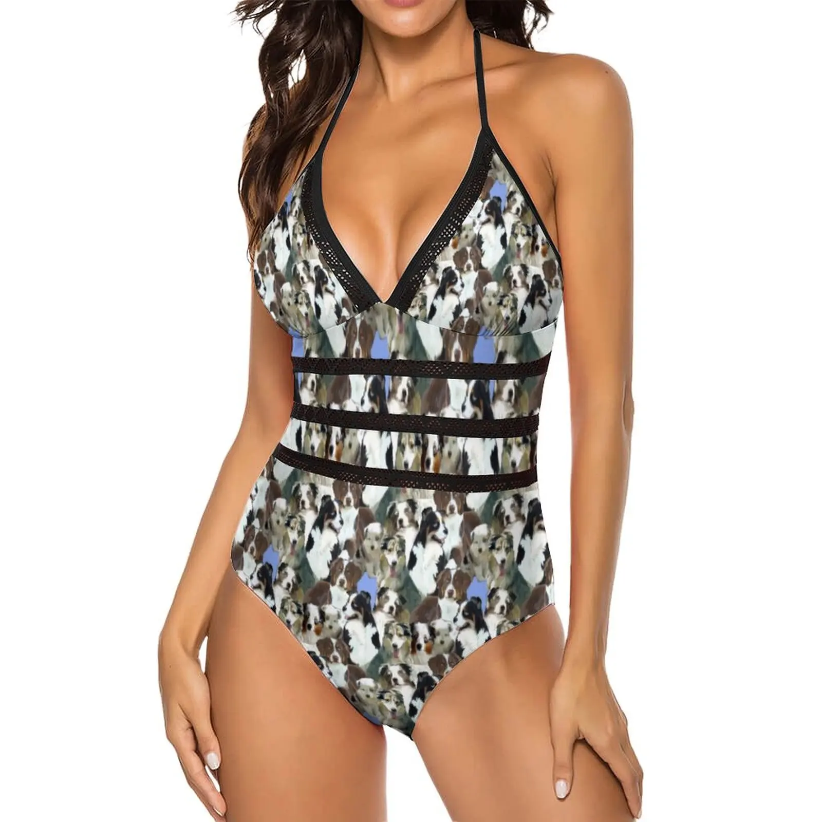 Cute Animal Print Swimsuit Sexy Australian Shepherd Cut Out Swimwear One-Piece Colorful Swimsuits Surf Push Up Beachwear