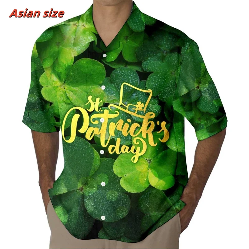 Happy St. Patrick's Day Pattern Hawaiian Shirt For Men Clover 3D Printed Short Sleeve Casual Vacation Lapel Aloha Shirts Blouses