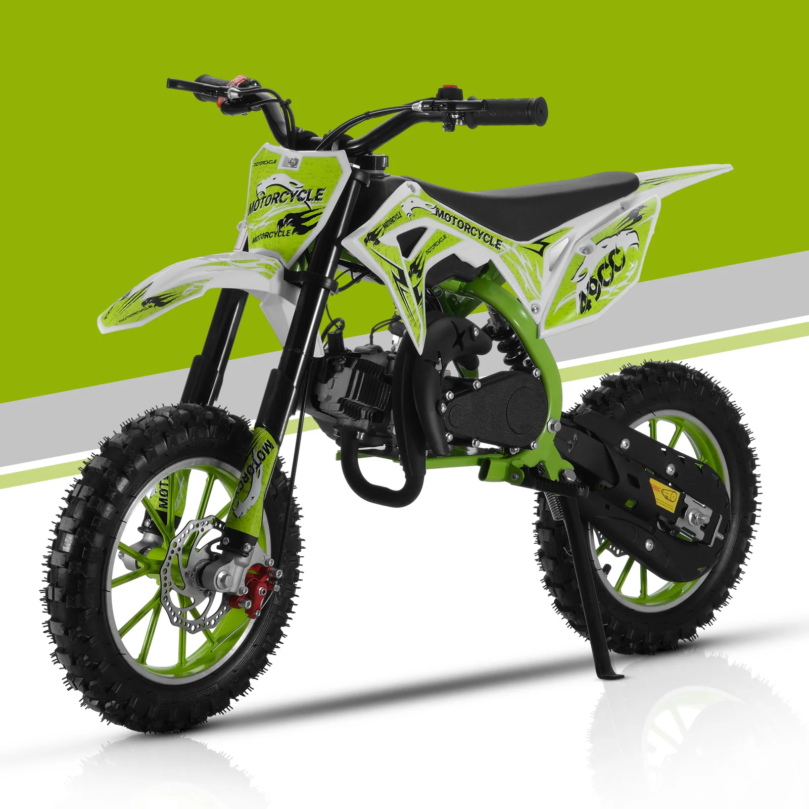 Portata massima: 330 libbre. Mini moto a benzina, mini moto fuoristrada da 49cc a 2 tempi, doppi freni a disco anteriori/posteriori.