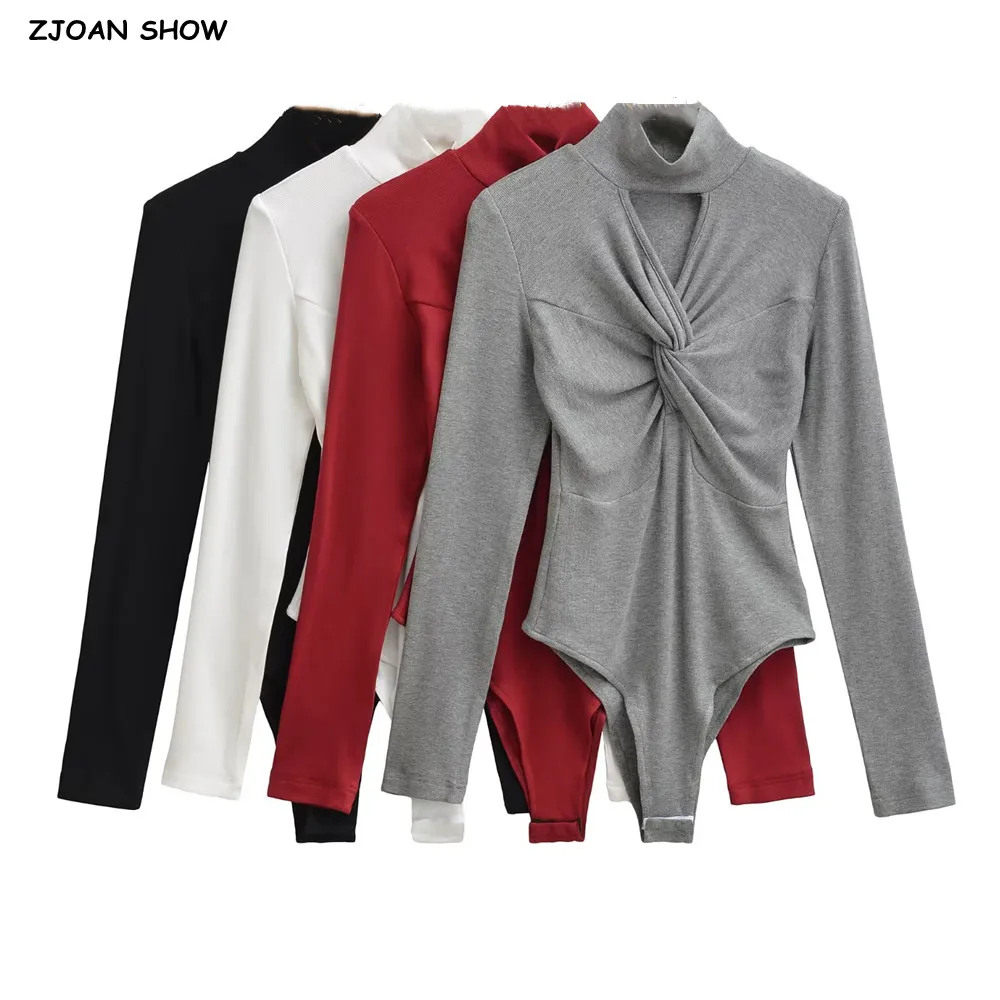 4 color Autumn Winter High Collar Cut out Cross Bow Rib Long Sleeve Bodysuit Woman Short Jumpsuit Slim Rompers Bodycon Playsuits