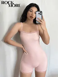 Rockmore Fashion Pink Lace Patchwork Sports Jumpsuits Women's Gym Summer Clothes 2024 One Piece Bodysuit Streetwear Playsuit