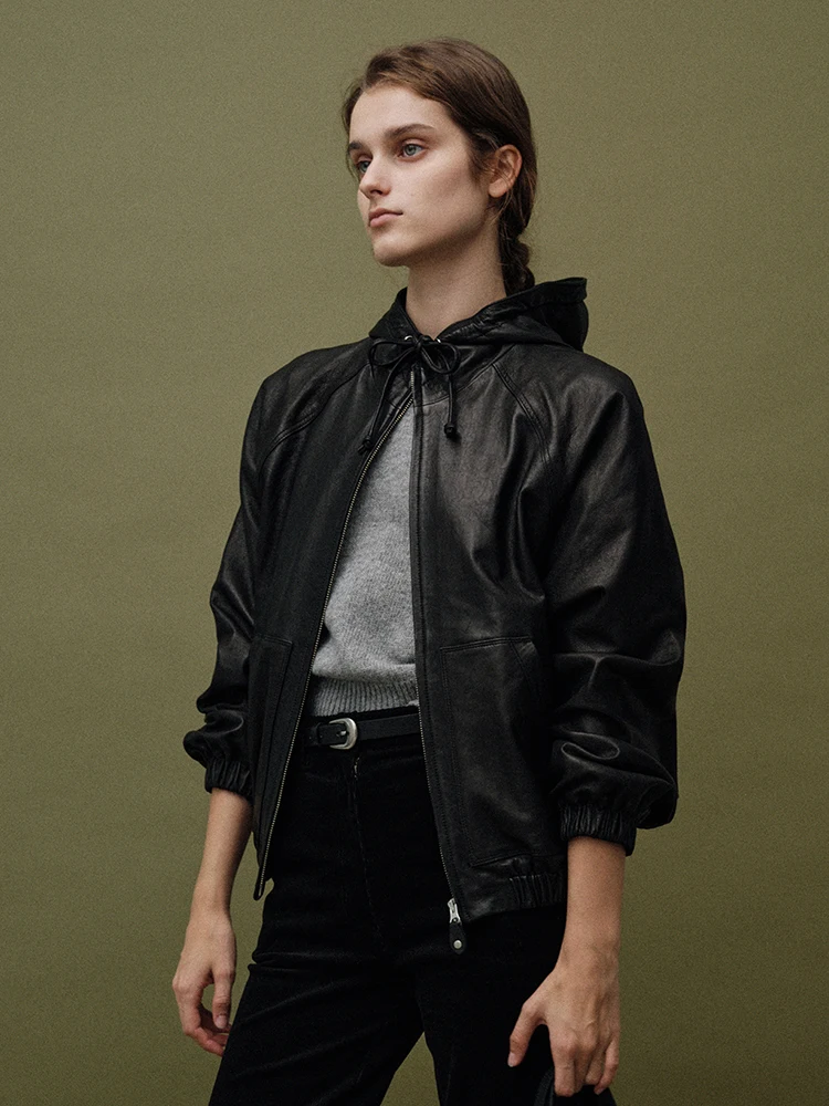Women's Hooded Jacket Zipper Coat Simple Stylish Leather Outerwear Spring 2026 Versatile Short Length Casual Commute Style